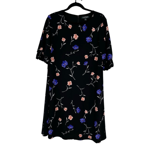 Ralph Lauren Womens 12 Jersey Dress A-Line Black Floral Round Neck Short Sleeve - Picture 1 of 8